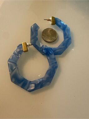Vintage 80s 90s Blue Marble Hexagon Hoop Earrings Solid Acetate Mod Geometric